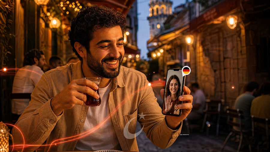 Mann mit einem Glas Tee in einer Gasse führt am Handy ein Videogespräch mit einer Frau.