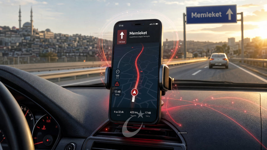 Handy in der Autohalterung zeigt eine Navigation, davor die Autobahn und ein Schild mit der Aufschrift Memleket.