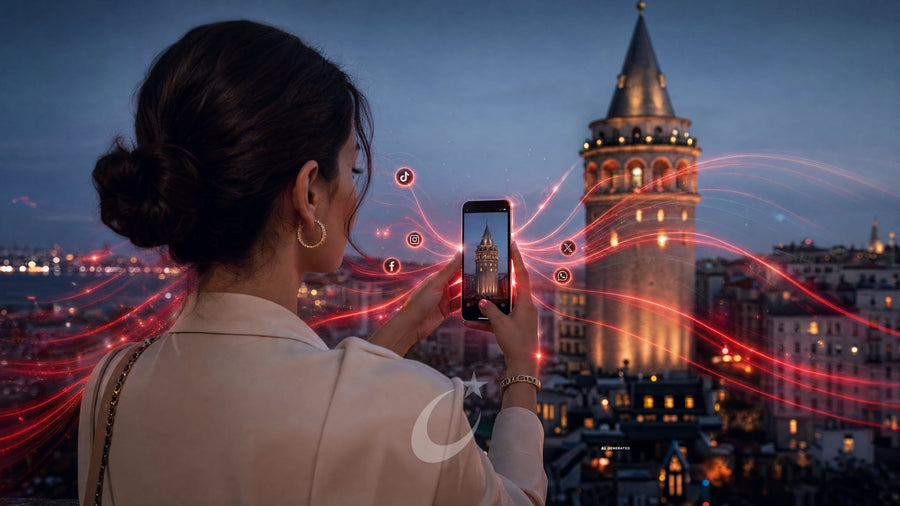 Frau filmt am Abend mit dem Handy den Galata-Turm über den Dächern von İstanbul.